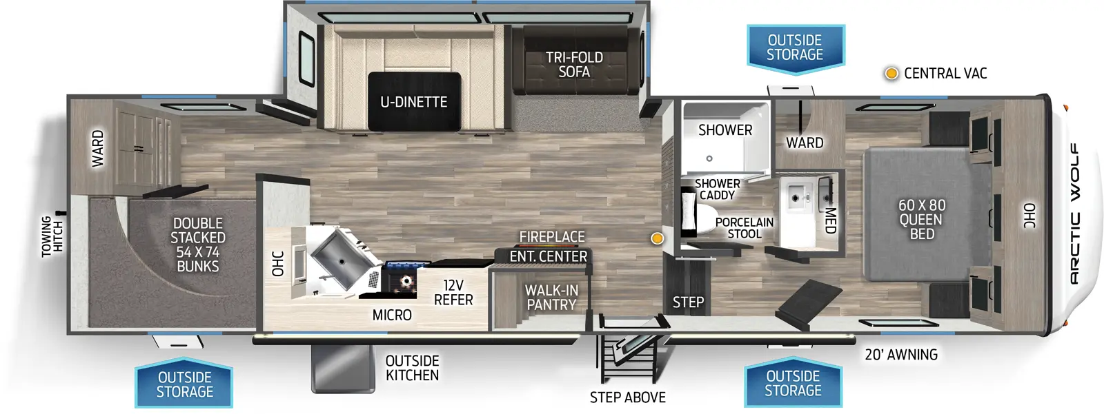 The 287BH has one slideout and one entry. Exterior features a 20 foot awning, outside kitchen, outside storage, step above entry step, and rear towing hitch. Interior layout front to back: foot-facing queen bed with overhead cabinet and off-door side wardrobe; off-door side full bathroom with medicine cabinet, porcelain stool, and shower caddy; door side steps down to main living area and entry; central vacuum along inner wall; off-door side slideout with tri-fold sofa and u-dinette; door side walk-in pantry, entertainment center with fireplace, 12 volt refrigerator, cooktop, microwave, and corner sink with overhead cabinet; rear double stacked bunks and wardrobe.